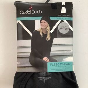 Cuddl Duds Fleecewear Long Sleeve Crew Large with Stretch Warm Layer Black